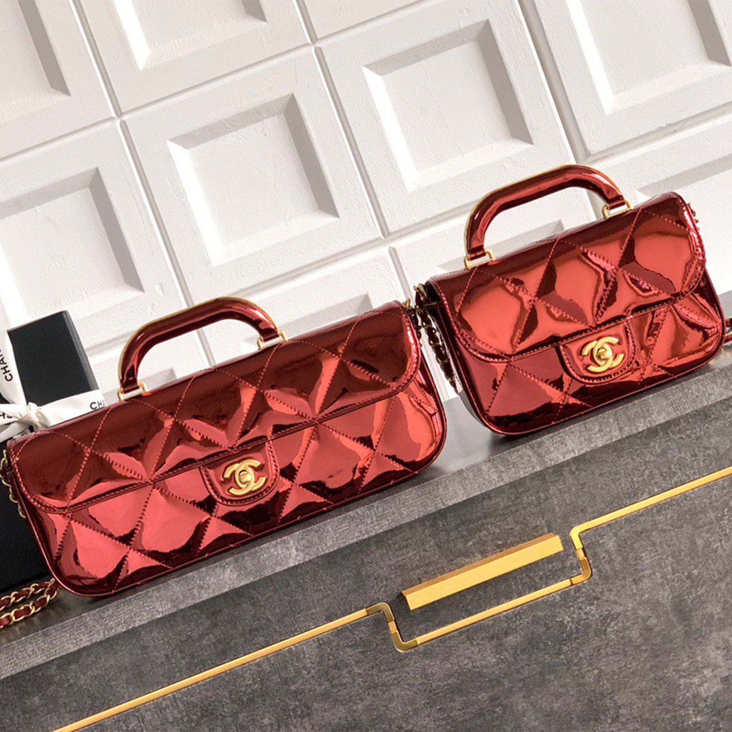 Chanel Large Flap Bag With Top Handle Women's Baguette-shaped Long Bag Refined And Elegant Crossbody Bags Metallic-colored Leather Tends To Fade Easily #81873A