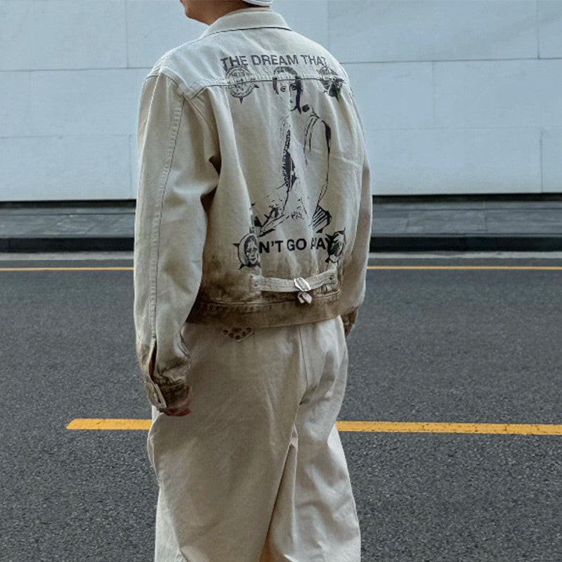 Enfants Riches Deprimes Men's Vintage Washed Back Print Spring/Fall Cotton Collared Solid-Color Single-Breasted Long-Sleeve Jacket Ngvp #2724