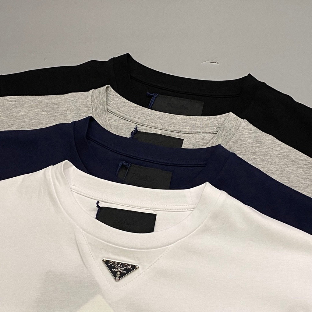 Prada Men's Summer Solid Color Triangle Logo Logo Round Neck Cotton Short Sleeve T-Shirt #75379