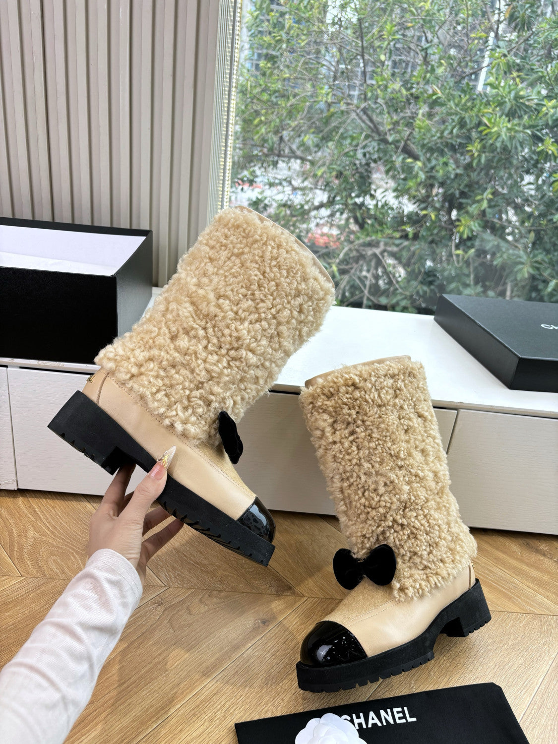 Chanel High Boots Shearling Lambskin Calfskin Lambskin Patent Calfskin Beige Black #334245