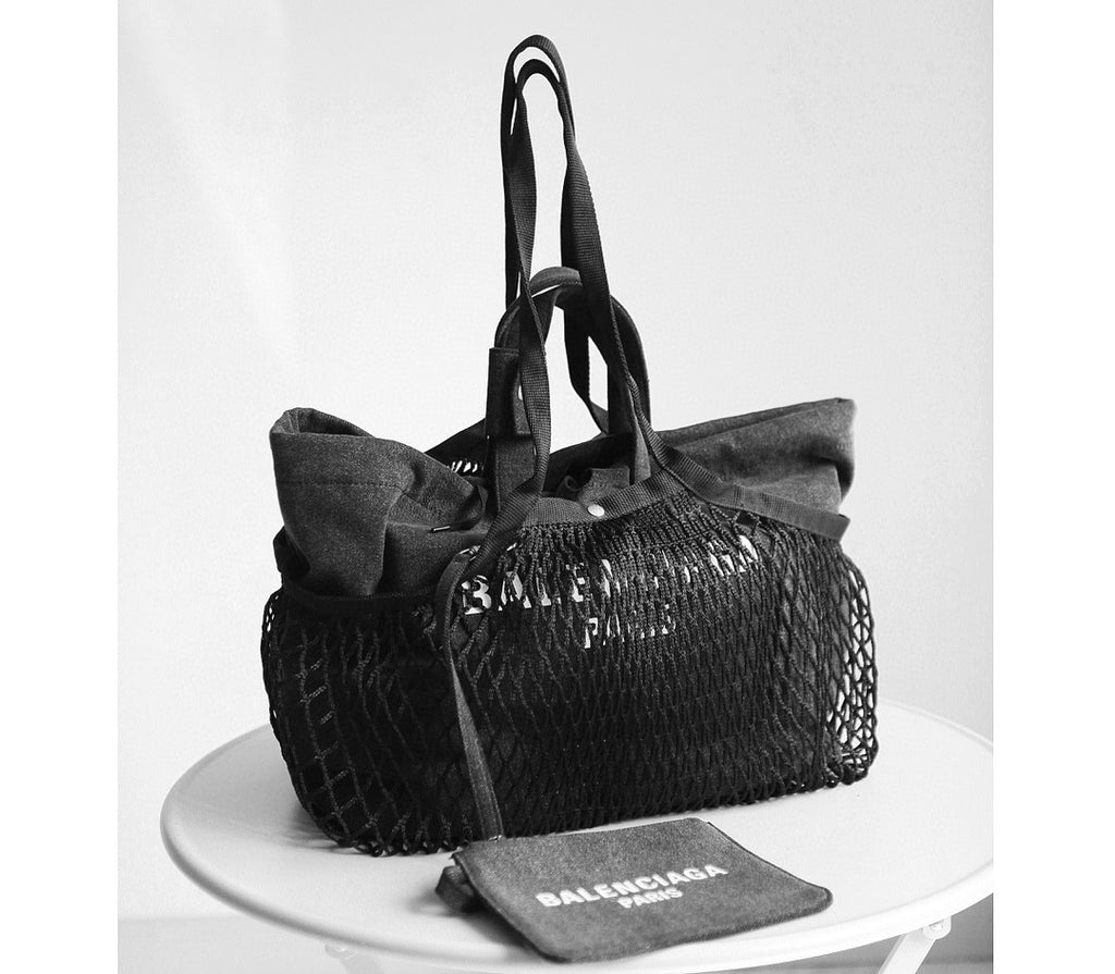 Balenciaga Women's Monogrammed Printed Drawstring Closure Mesh Pocket Tote Bag Bags #75669