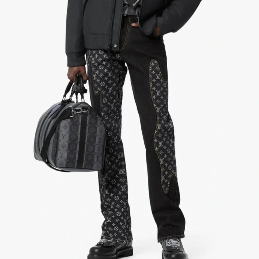 Louis Vuitton X 2 Collaboration Men's Spring And Summer Structural Splicing Monogram Flower Denim Pants Fashionable Casual Wide Leg Pants #71849