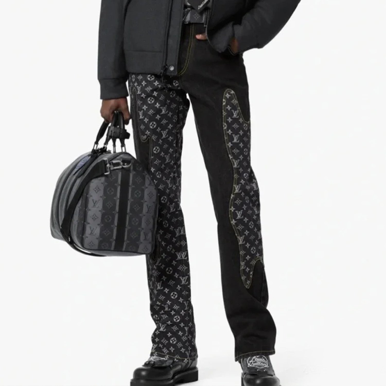 Louis Vuitton X 2 Collaboration Men's Spring And Summer Structural Splicing Monogram Flower Denim Pants Fashionable Casual Wide Leg Pants #71849