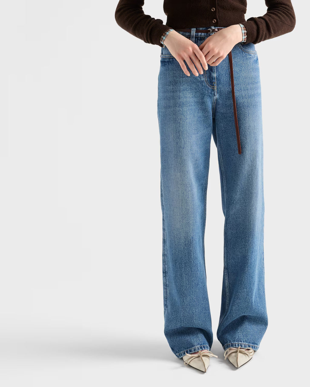 Prada Women's Spring And Fall Five-pocket Jeans Loose Retro Washed Fashion Elegant Triangle Metal Emblem Logo Straight Long Denim Pants  #81442