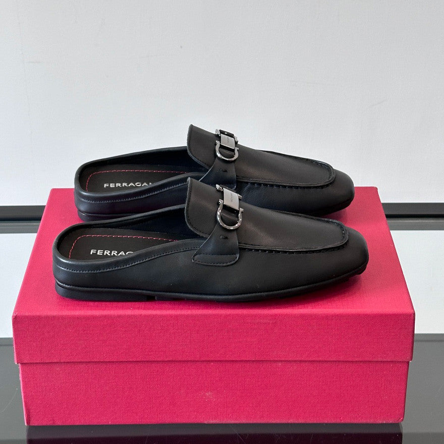 Ferragamo Men's Spring/Fall Solid Color Classic Calfskin Round Toe Open Back Mule Shoes #78195