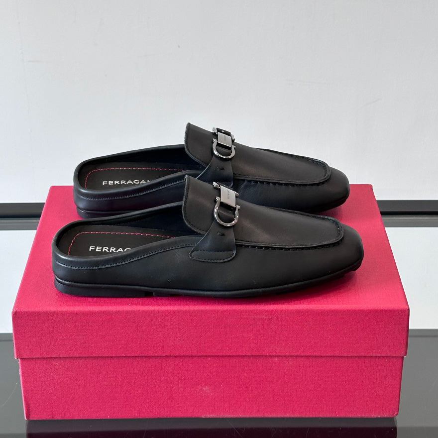 Ferragamo Men's Spring/Fall Solid Color Classic Calfskin Round Toe Open Back Mule Shoes #78195