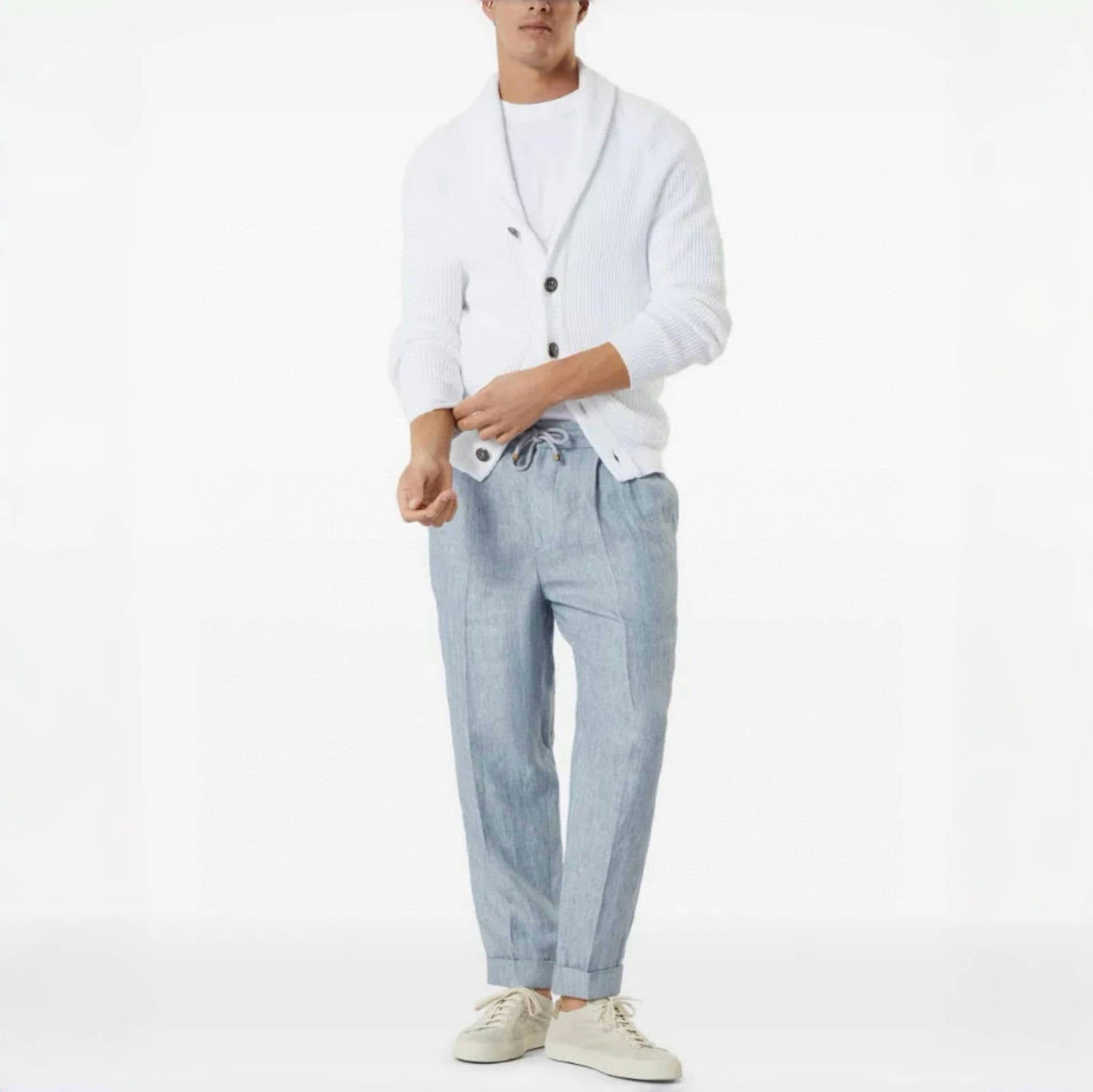 Brunello Cucinelli Men's Four-Season Drawstring Tie-Waist Plain-Colored Fitted Casual Linen Pants Ngvp #2296