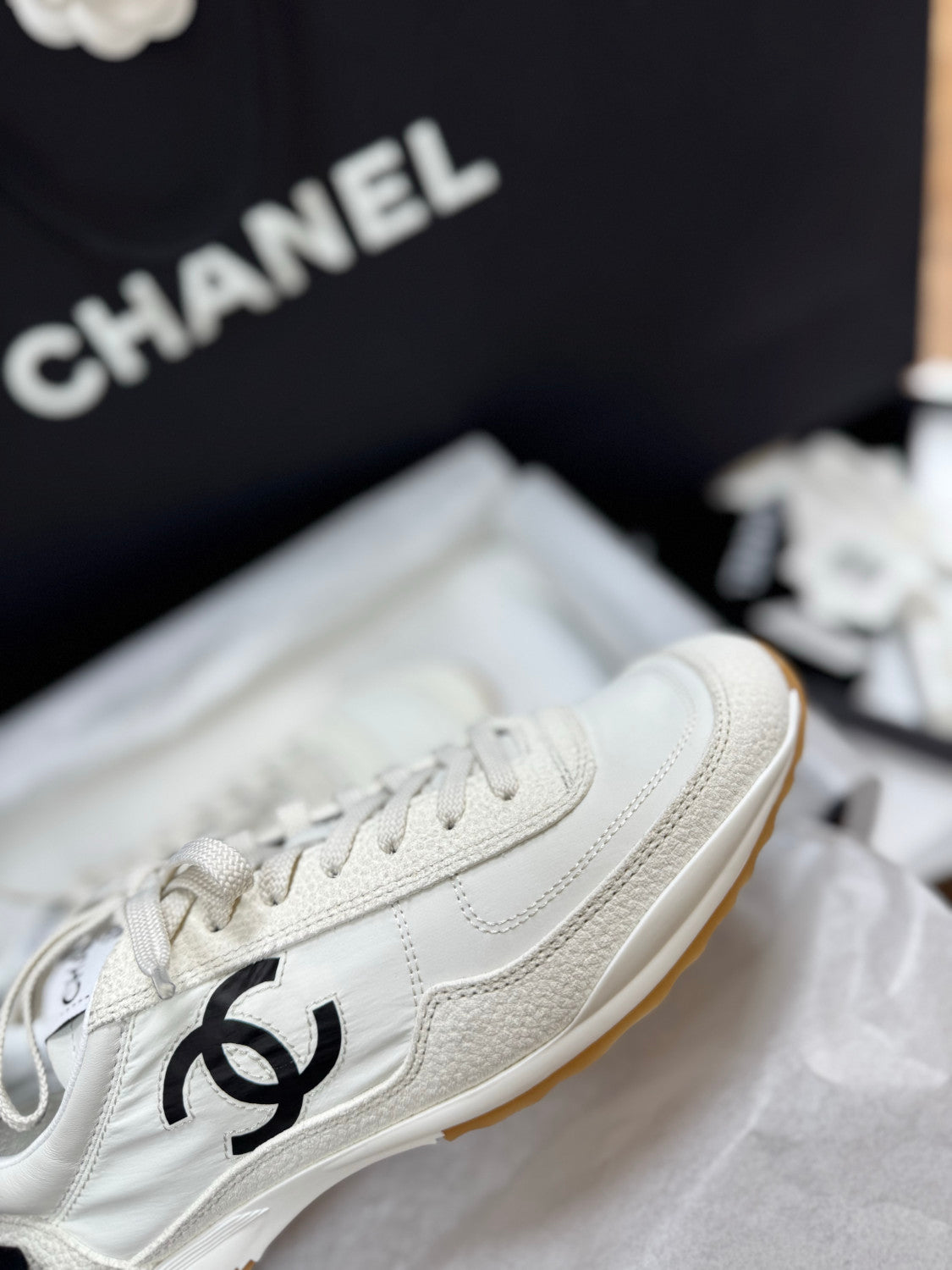 CHANEL Trainers Fabric Embossed Suede Calfskin White Black #381215