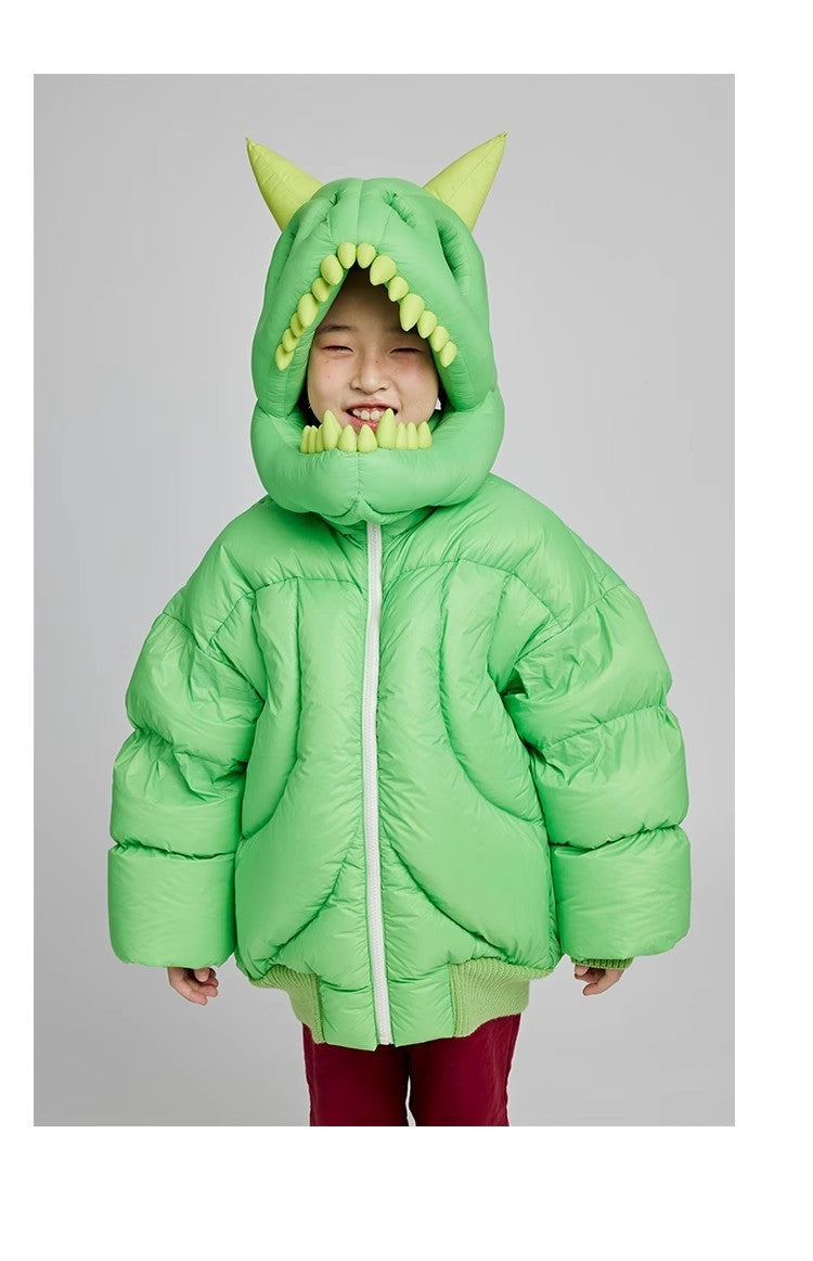 Kid's Autumn And Winter Solid Color Three-Dimensional Cutting Dinosaur Cap Hooded Loose Long-Sleeved Puffer Down Jacket #31323