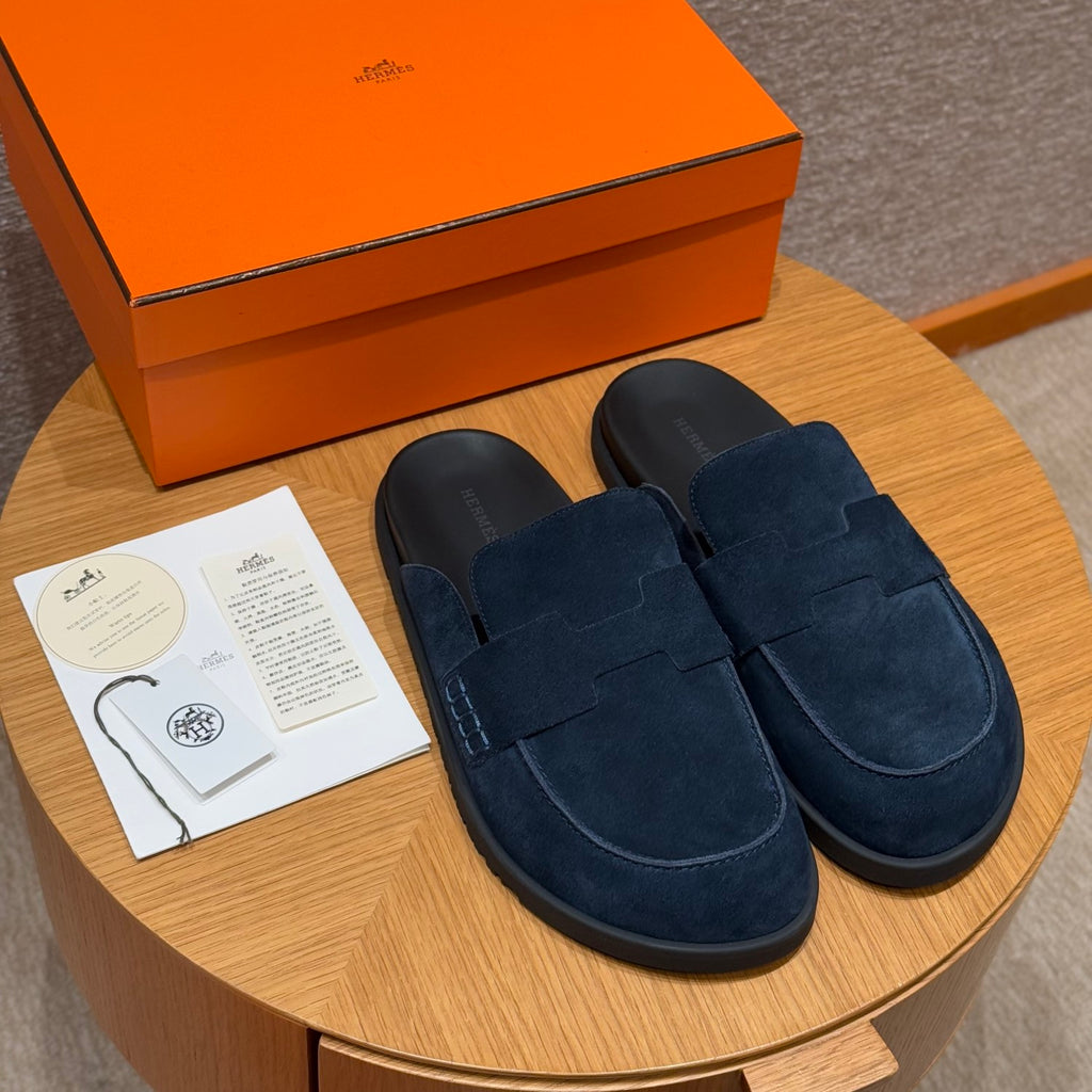 Hermes Men's Spring And Summer Solid Color Calfskin Round Head Flat Bottom Baotou Birkenstock Slippers Shoes #75495