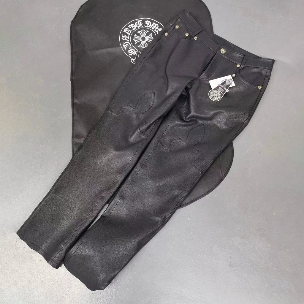 Chrome Hearts Mens Black Leather Slim Fit Trousers Pants #96922