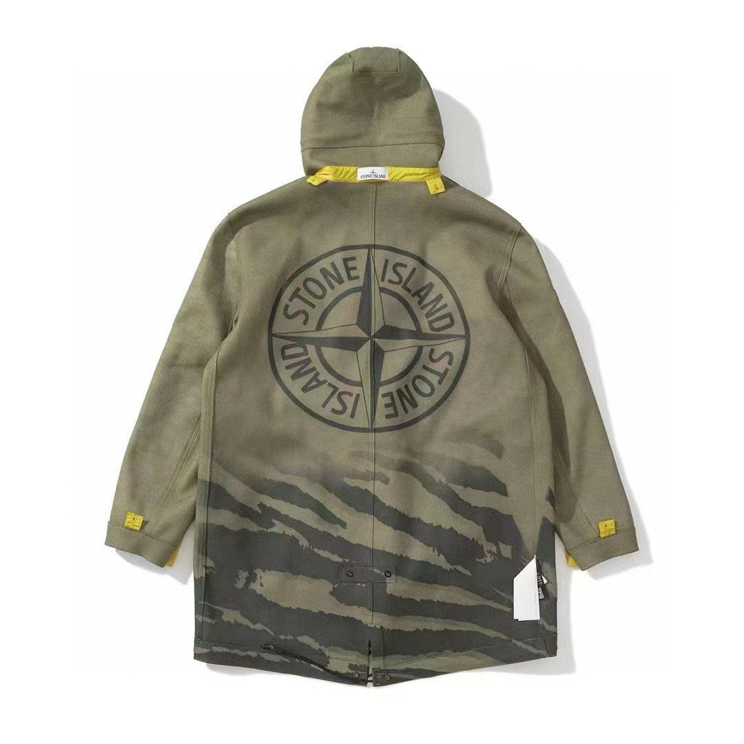 Stone Island Men's Fall And Winter Winter Thickened Suede Printed Hooded Coat Front And Back Wear Jacket With Liner #72395
