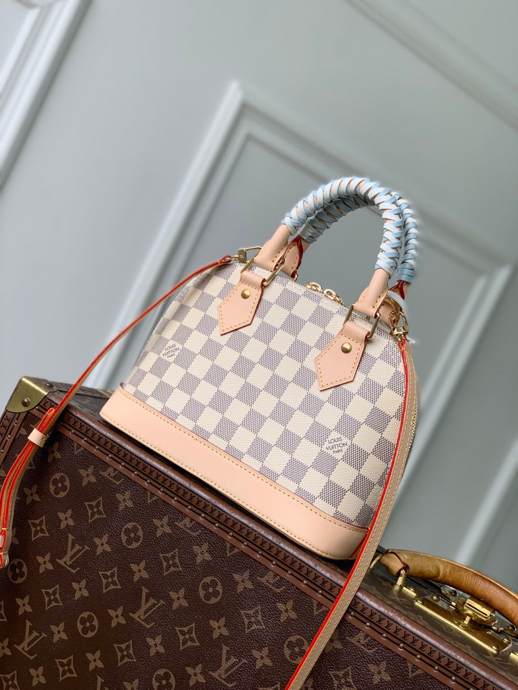 Louis Vuitton Women's Shell Bag Alma Bb White Damier Azur Checkered Pattern Stylish And Elegant Handbag And Crossbody Bag Spring/summer 2026 New Arrival N40902 Bags #196951