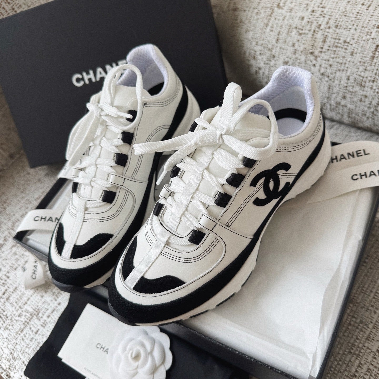 CHANEL Sneakers Calfskin Suede Calfskin White Black #378646