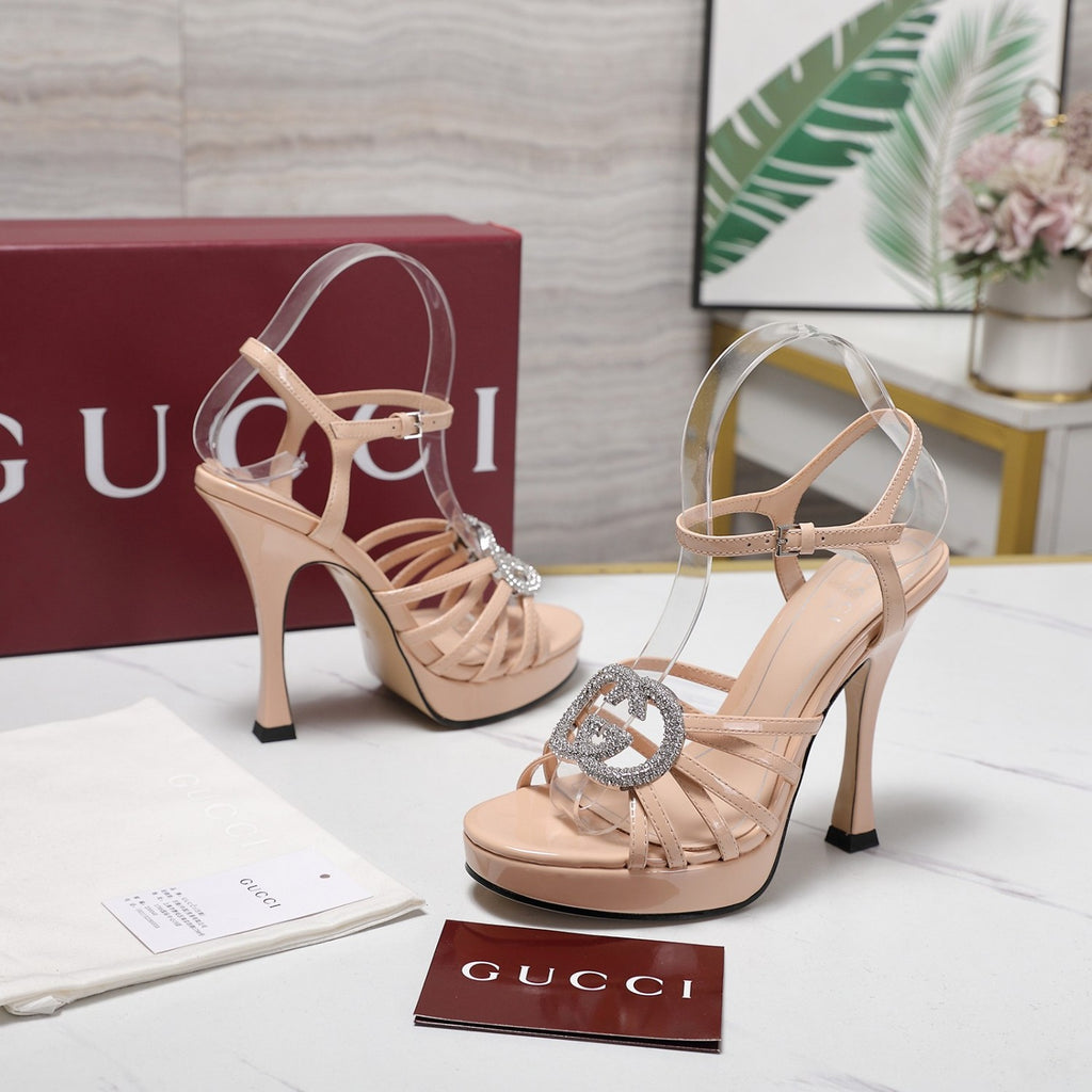 GUCCI Women's Pump With Crystal Interlocking G in Black and Leather 12.5 CM#381122