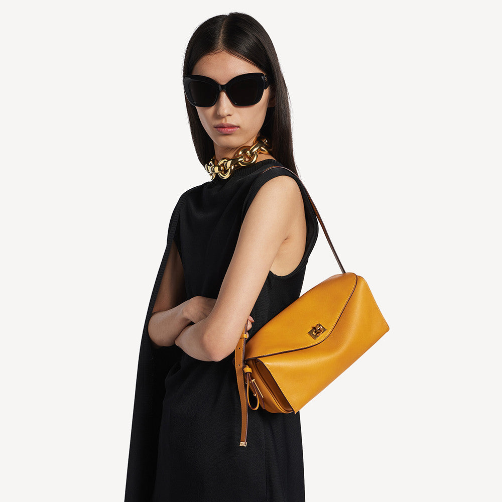 Balenciaga Le 7 Medium-sized 26 Summer New Arrival Suede-panel Yellow Crossbody Bag Fashionable High-street Trend Flap Bags #84159A