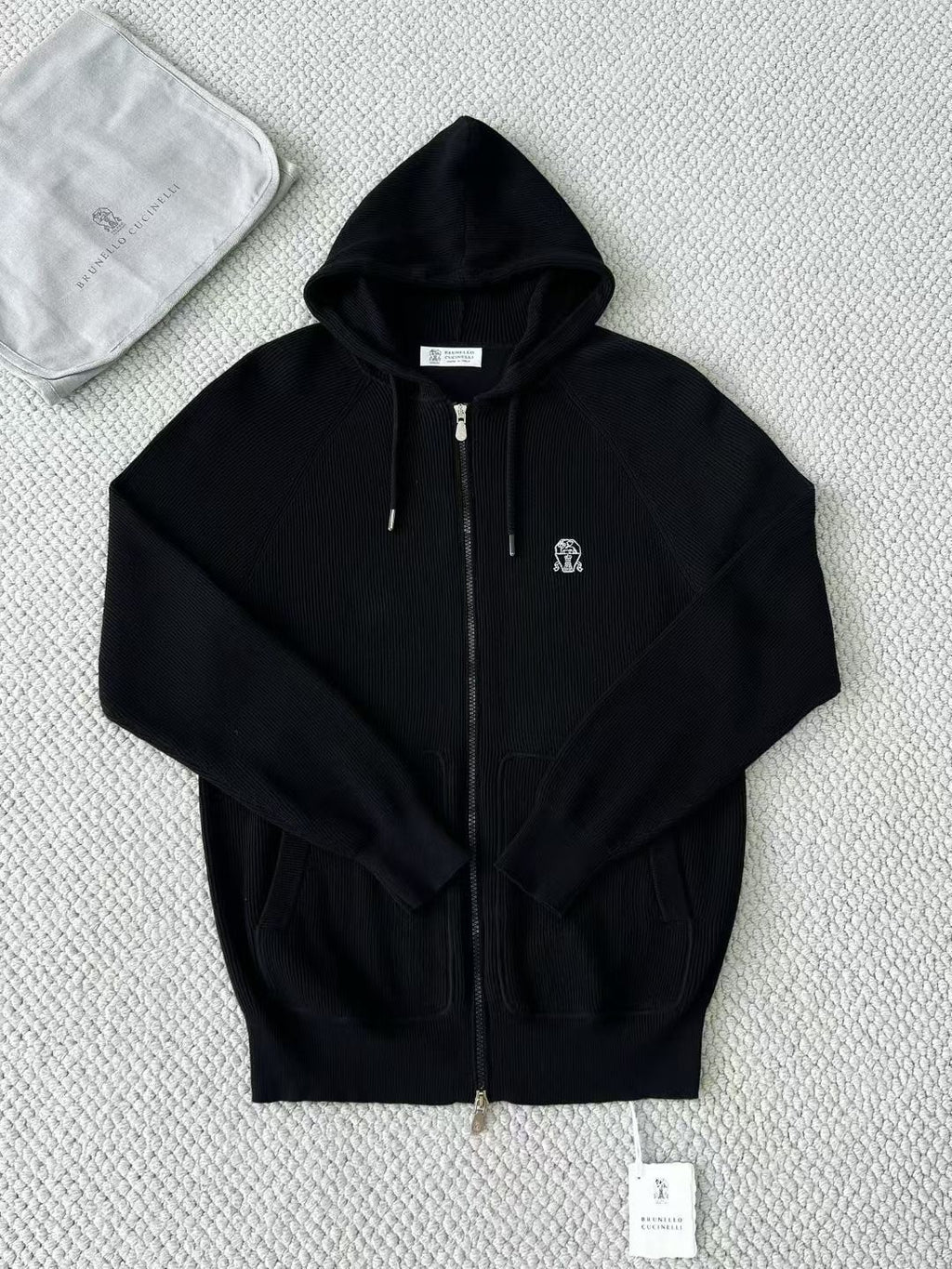 Brunello Cucinelli Men's Spring/autumn Fashion Casual Solid Color Logo Zipper Hoodie Ribbed Cotton Knit Pants Zipper Cuffs Suit Set #78353