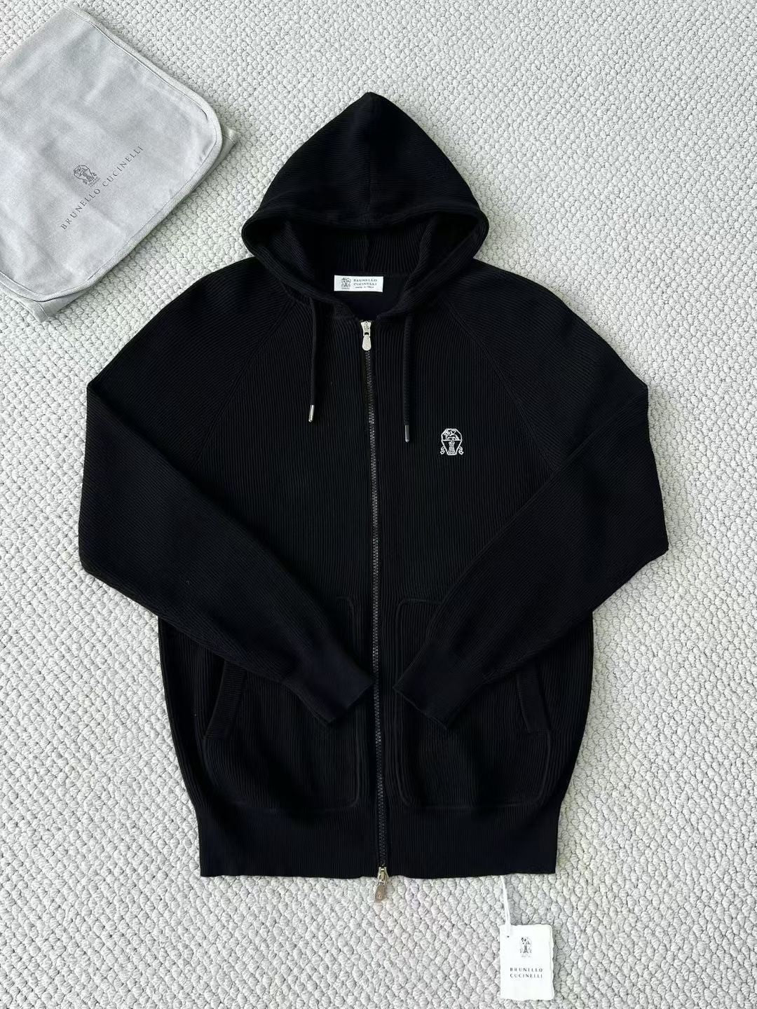 Brunello Cucinelli Men's Spring/autumn Fashion Casual Solid Color Logo Zipper Hoodie Ribbed Cotton Knit Pants Zipper Cuffs Suit Set #78353