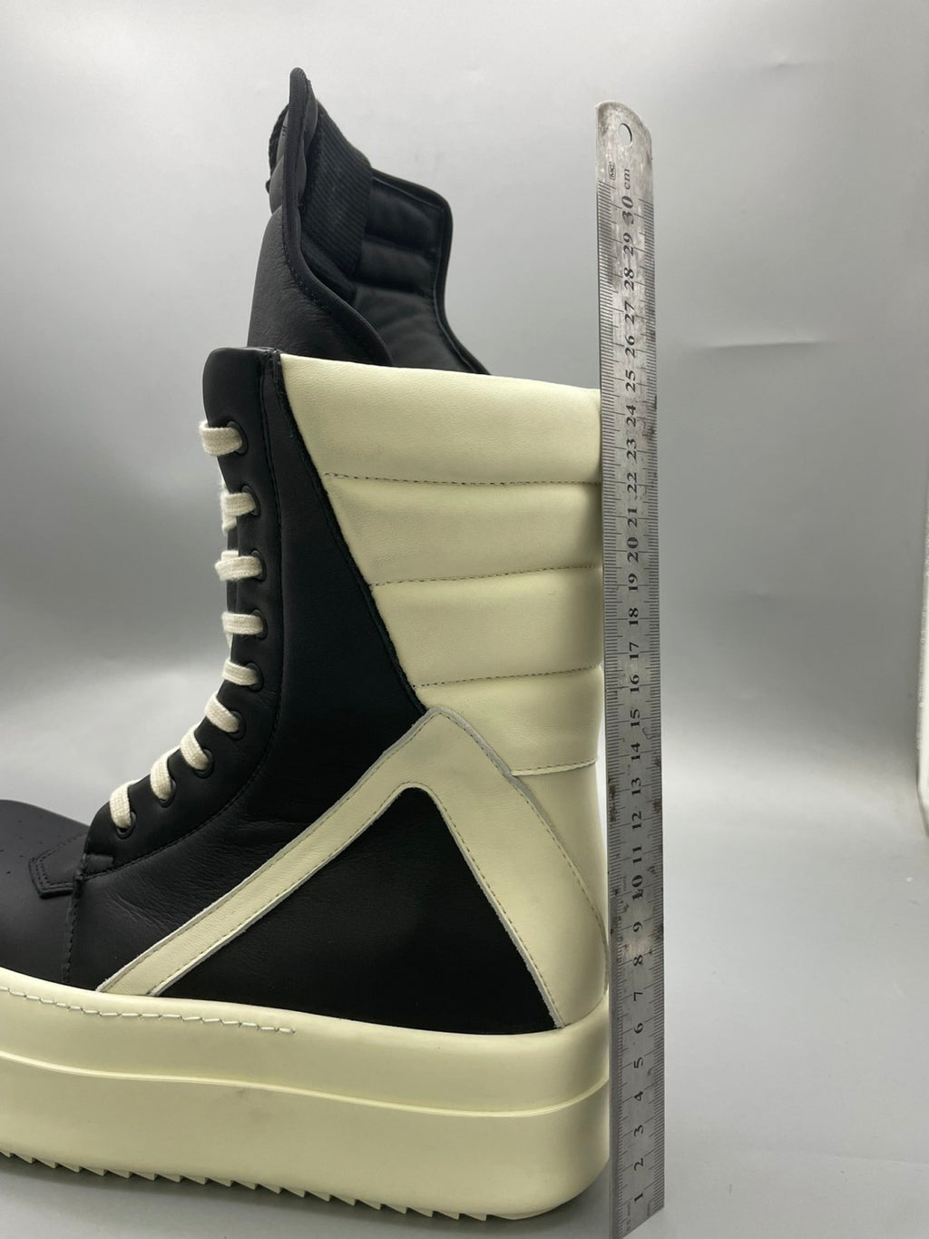 Rick Owens Men's And Women's Black And White Inverted Triangle High Top Lace Up Cowhide Shoes #77917