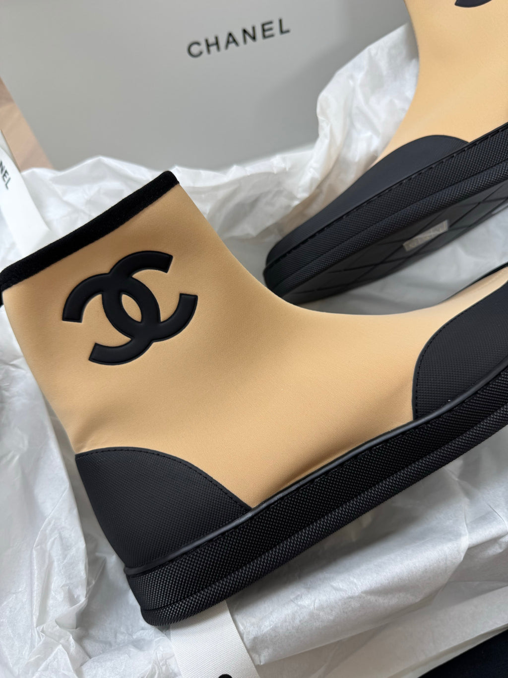 CHANEL Short Boots Mixed Fibers Rubber Beige Black #387573