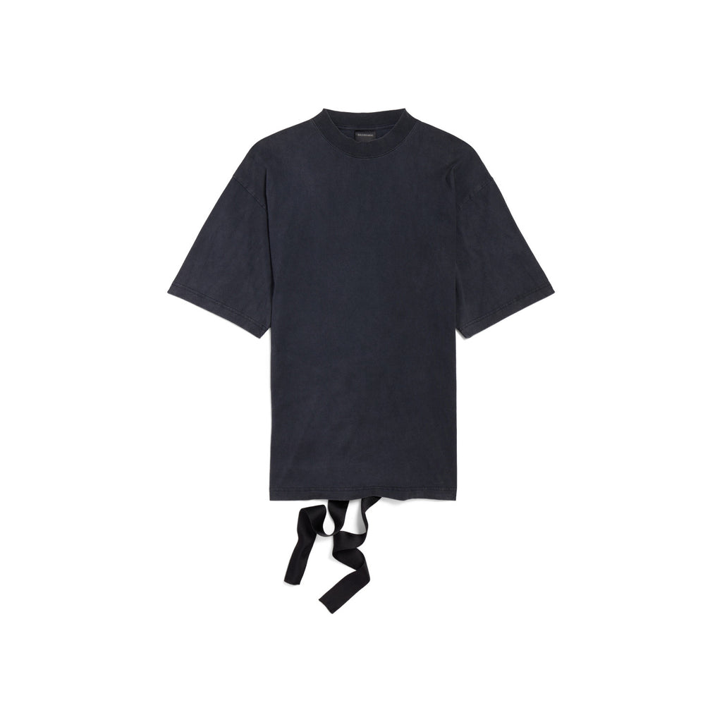 Balenciaga Men's Women's Summer Faded Black Round Neck Plain Knit Lace-Up Done Short Sleeve T-Shirt Ngvp #1761