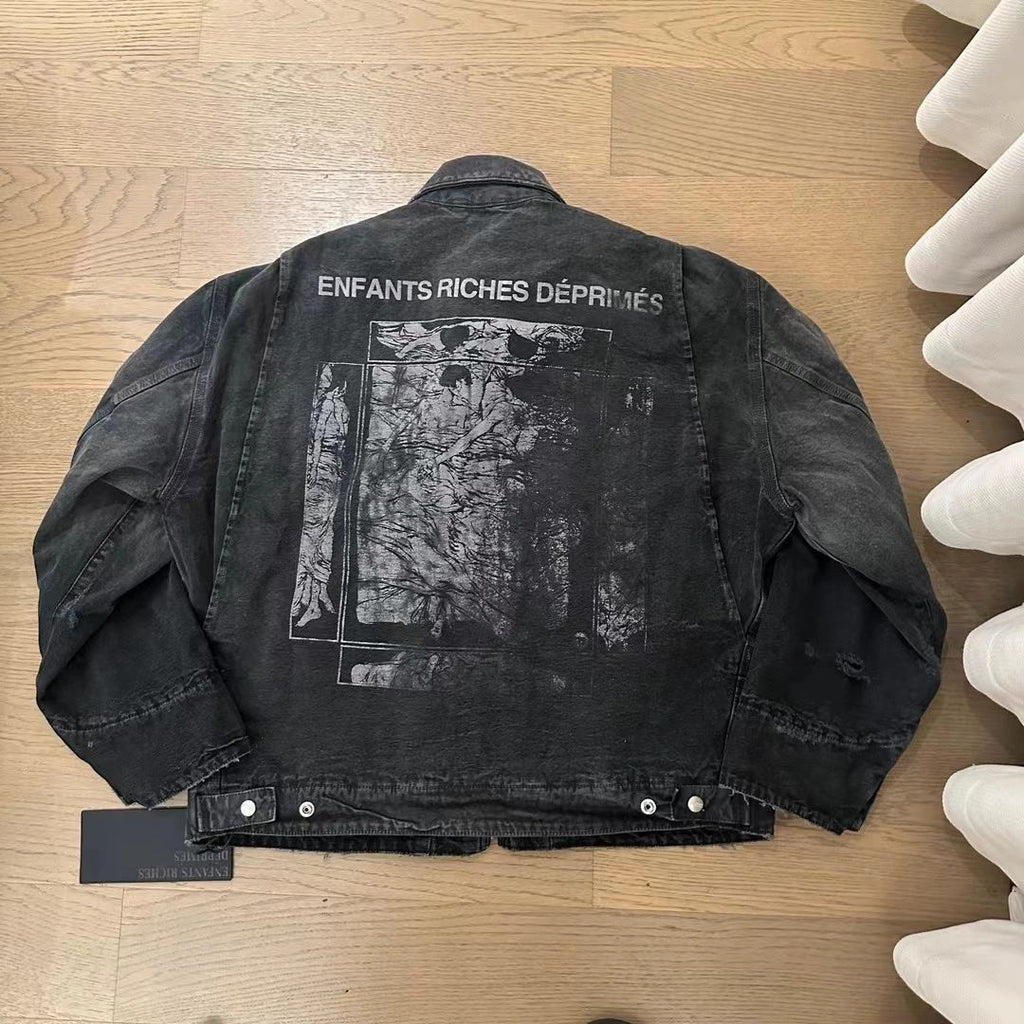 Enfants Riches Deprimes Men's And Women's Black Spring And Fall Washed And Aged Denim Zipper Jacket #98184