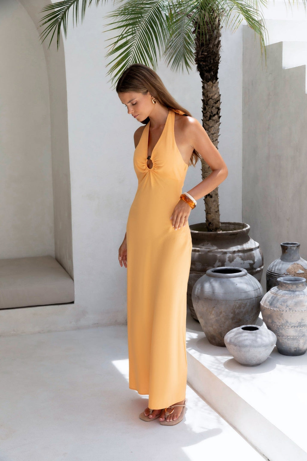 Dreamy Silhouette Halter Maxi Dress Orange Sorbet