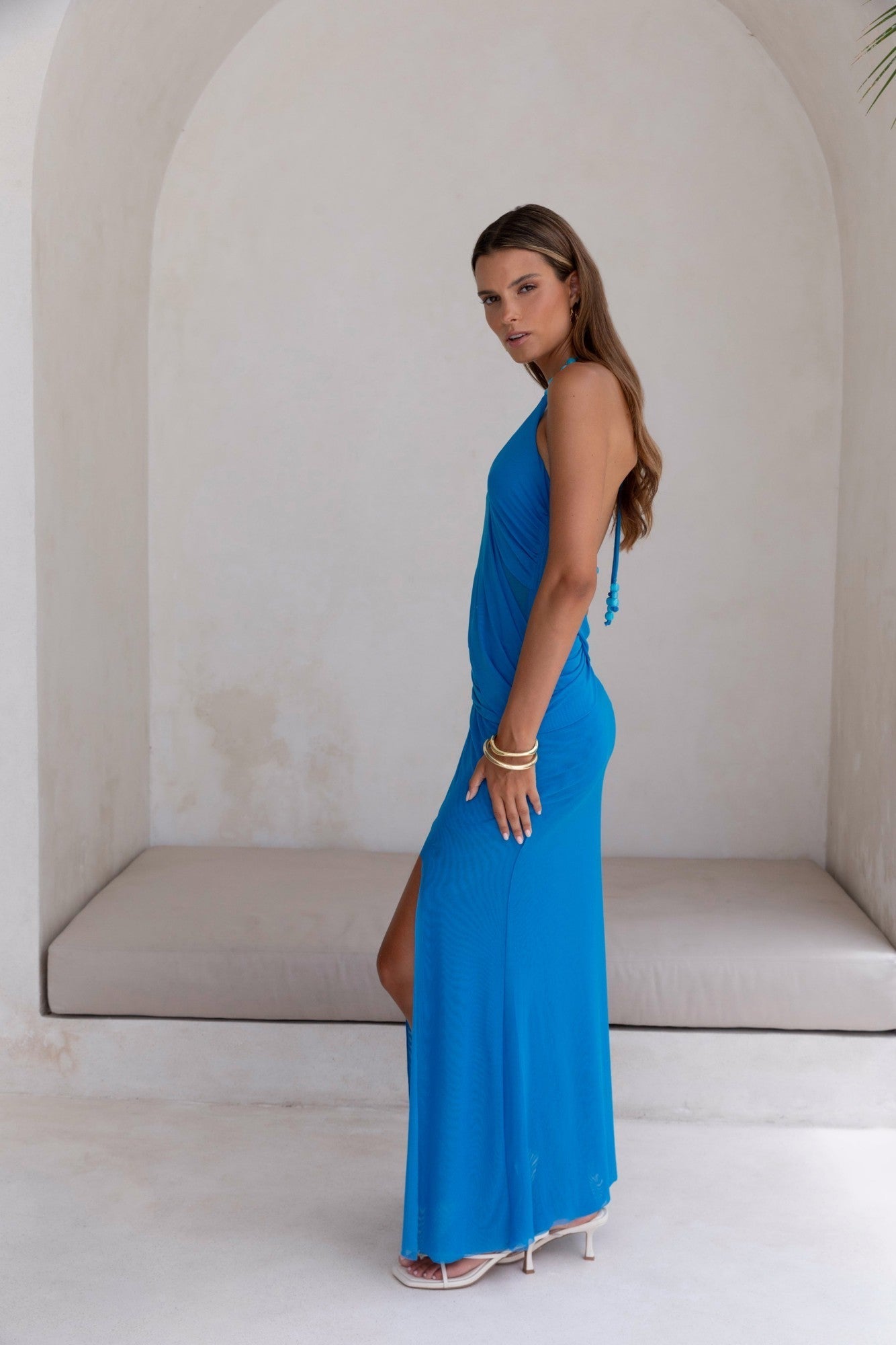 Kiss And Tell Mesh Halter Maxi Dress Blue