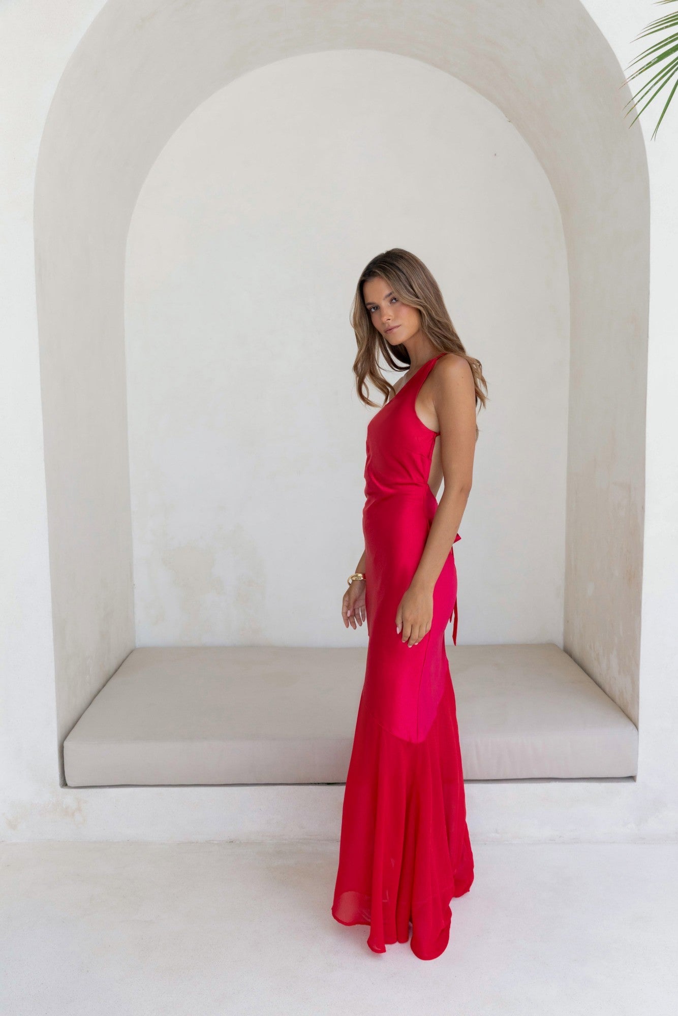 Chase The Thrill One Shoulder Satin Maxi Dress Red