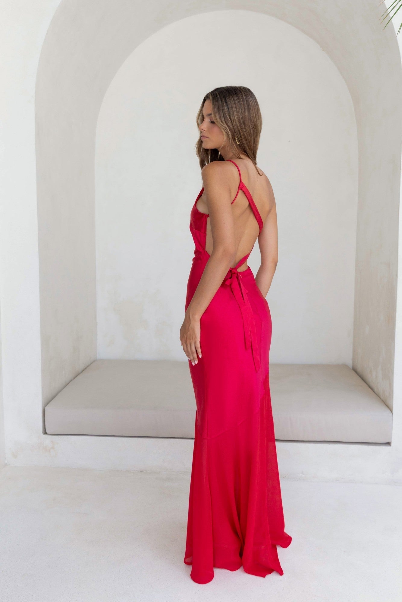 Chase The Thrill One Shoulder Satin Maxi Dress Red