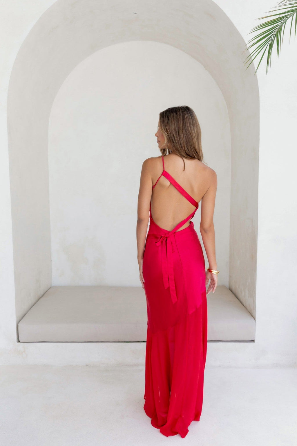 Chase The Thrill One Shoulder Satin Maxi Dress Red