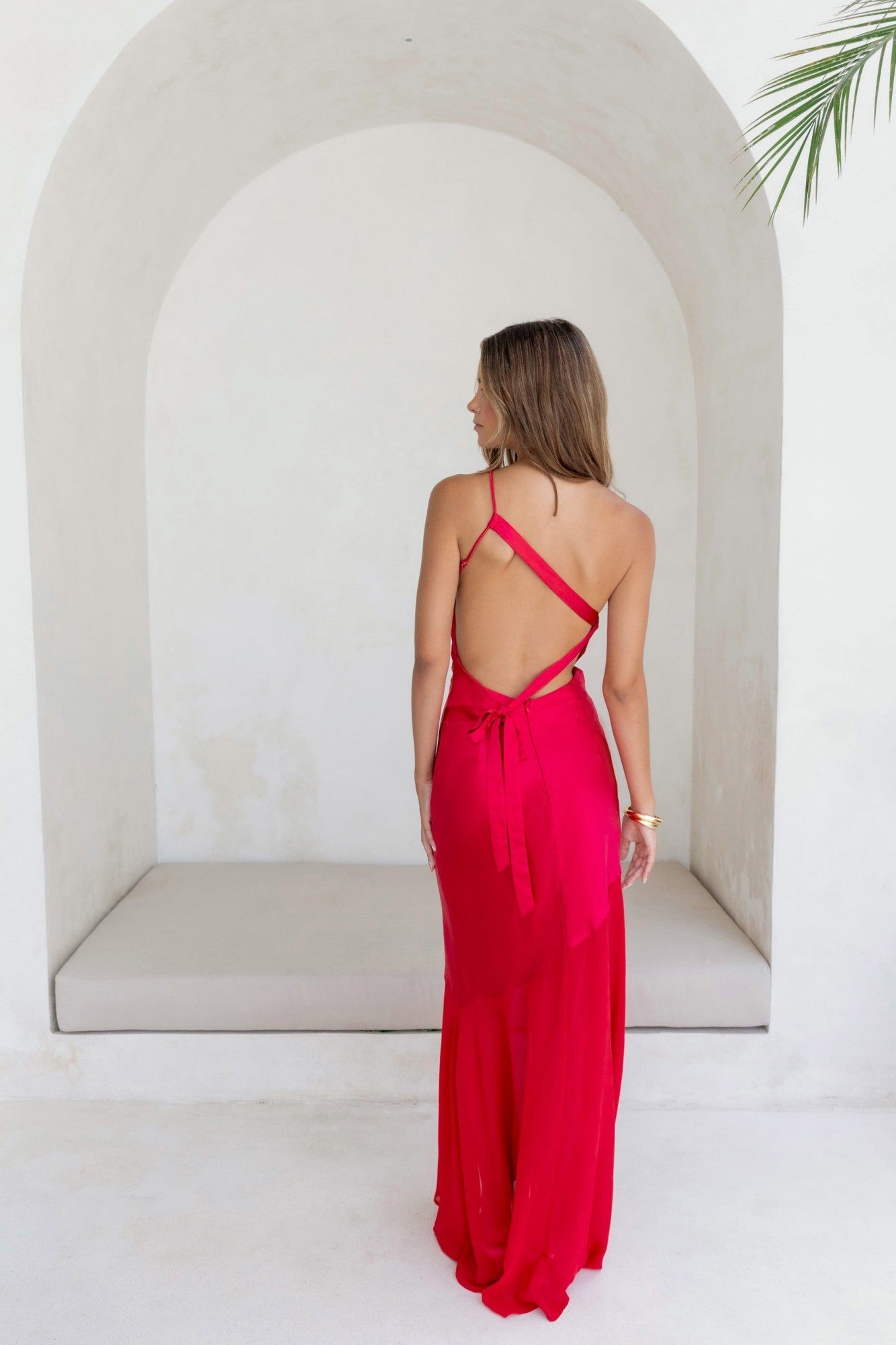 Chase The Thrill One Shoulder Satin Maxi Dress Red