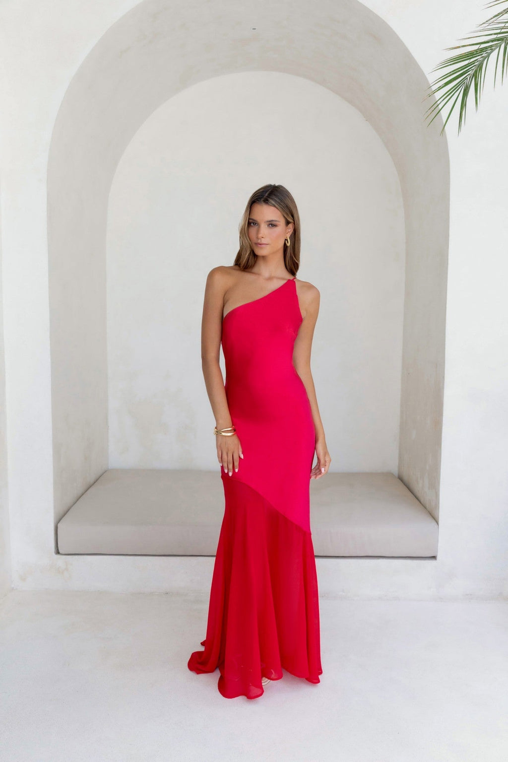 Chase The Thrill One Shoulder Satin Maxi Dress Red