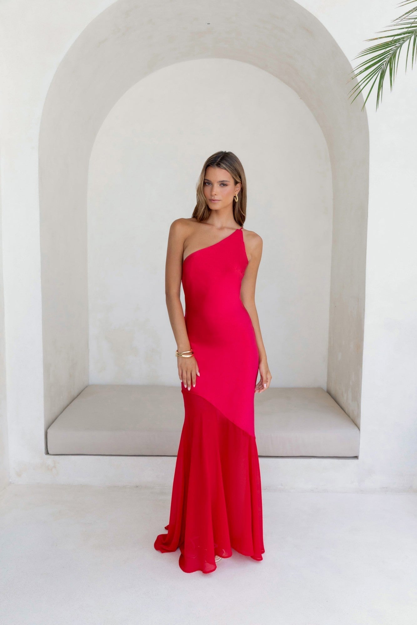 Chase The Thrill One Shoulder Satin Maxi Dress Red