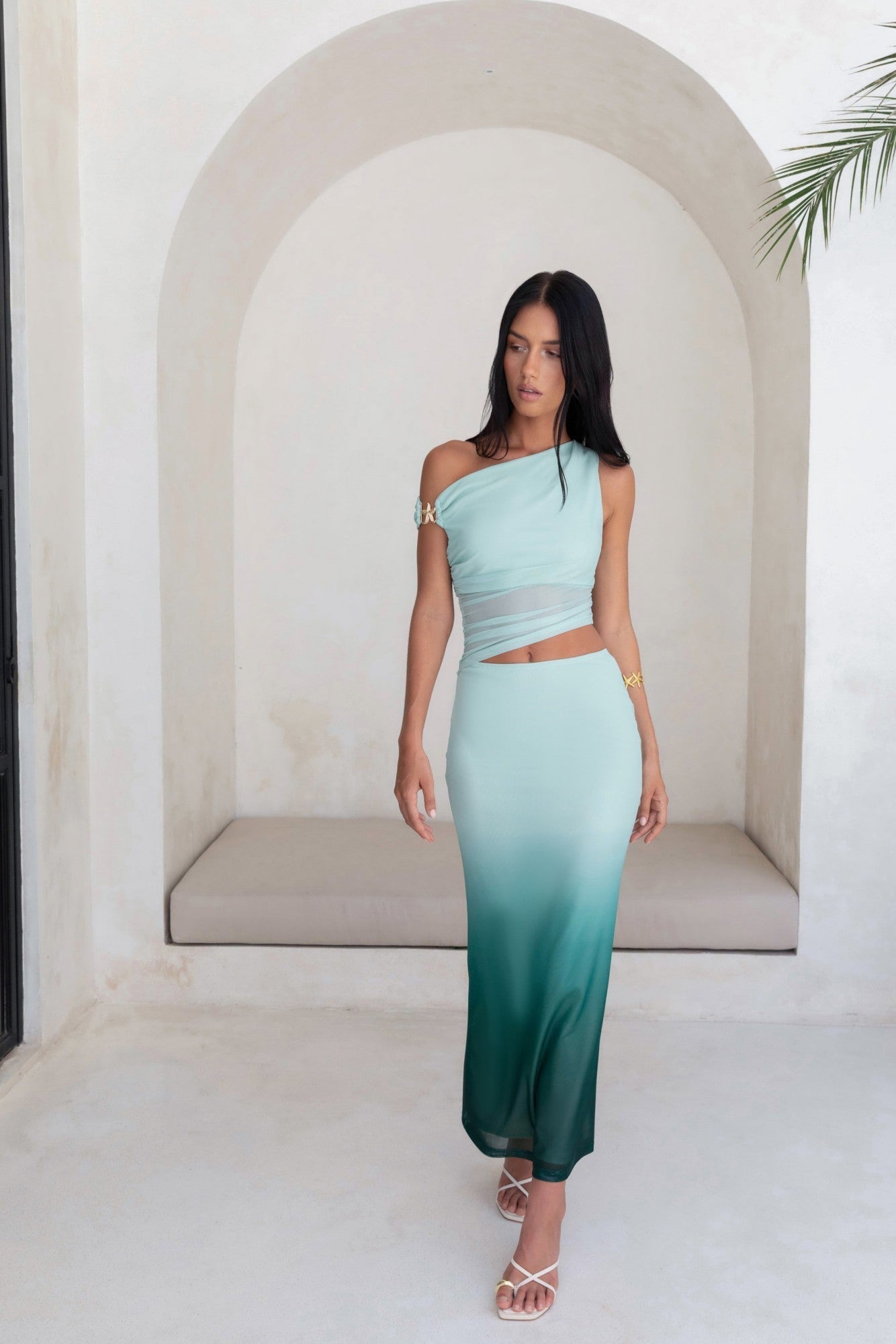 Soft Shades Off The Shoulder Mesh Maxi Dress Green