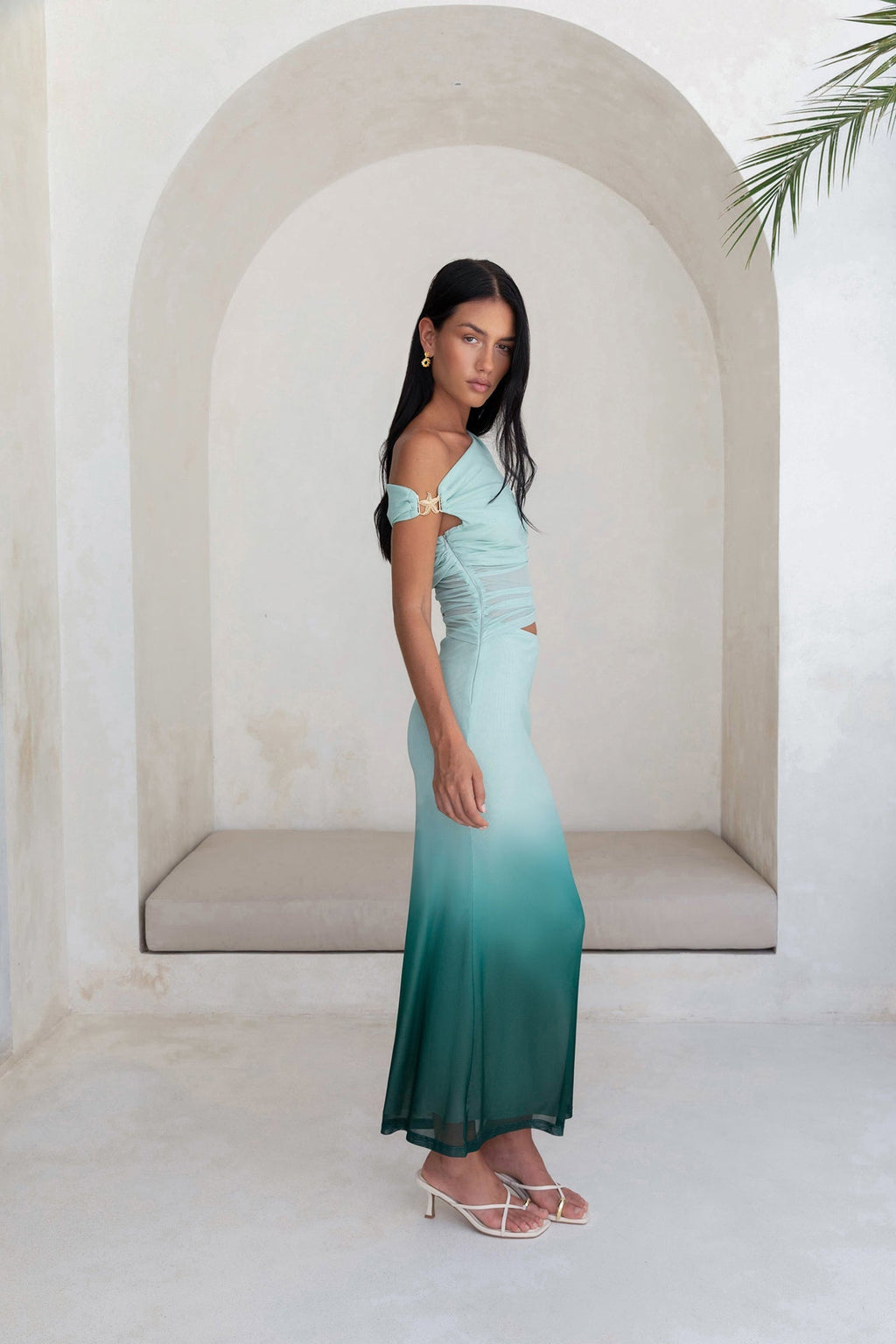 Soft Shades Off The Shoulder Mesh Maxi Dress Green