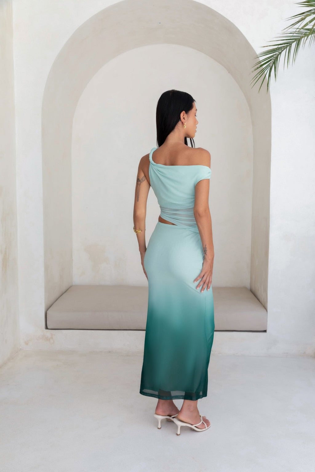 Soft Shades Off The Shoulder Mesh Maxi Dress Green