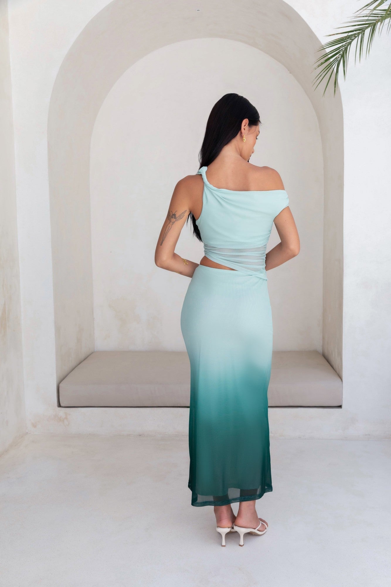 Soft Shades Off The Shoulder Mesh Maxi Dress Green
