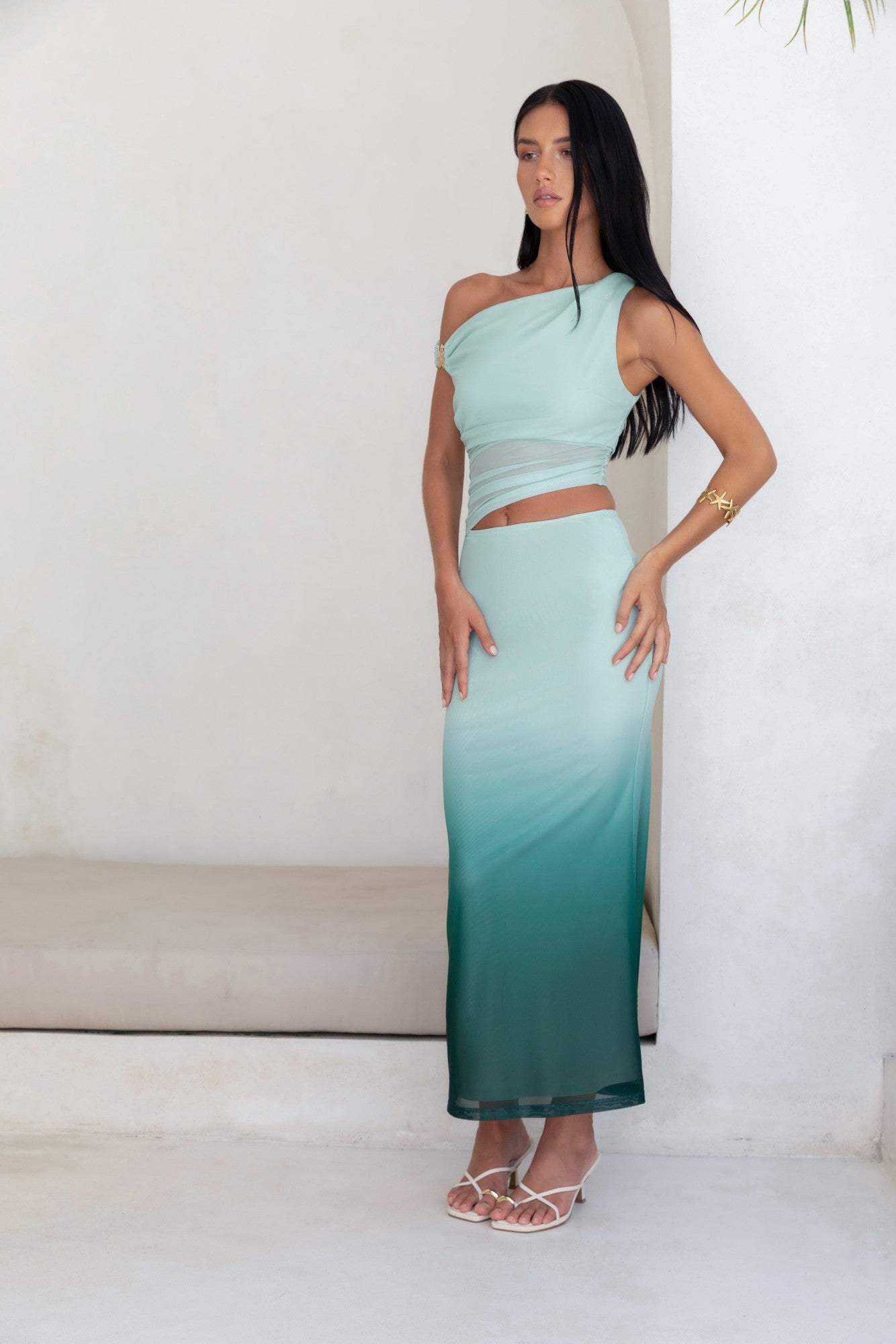 Soft Shades Off The Shoulder Mesh Maxi Dress Green
