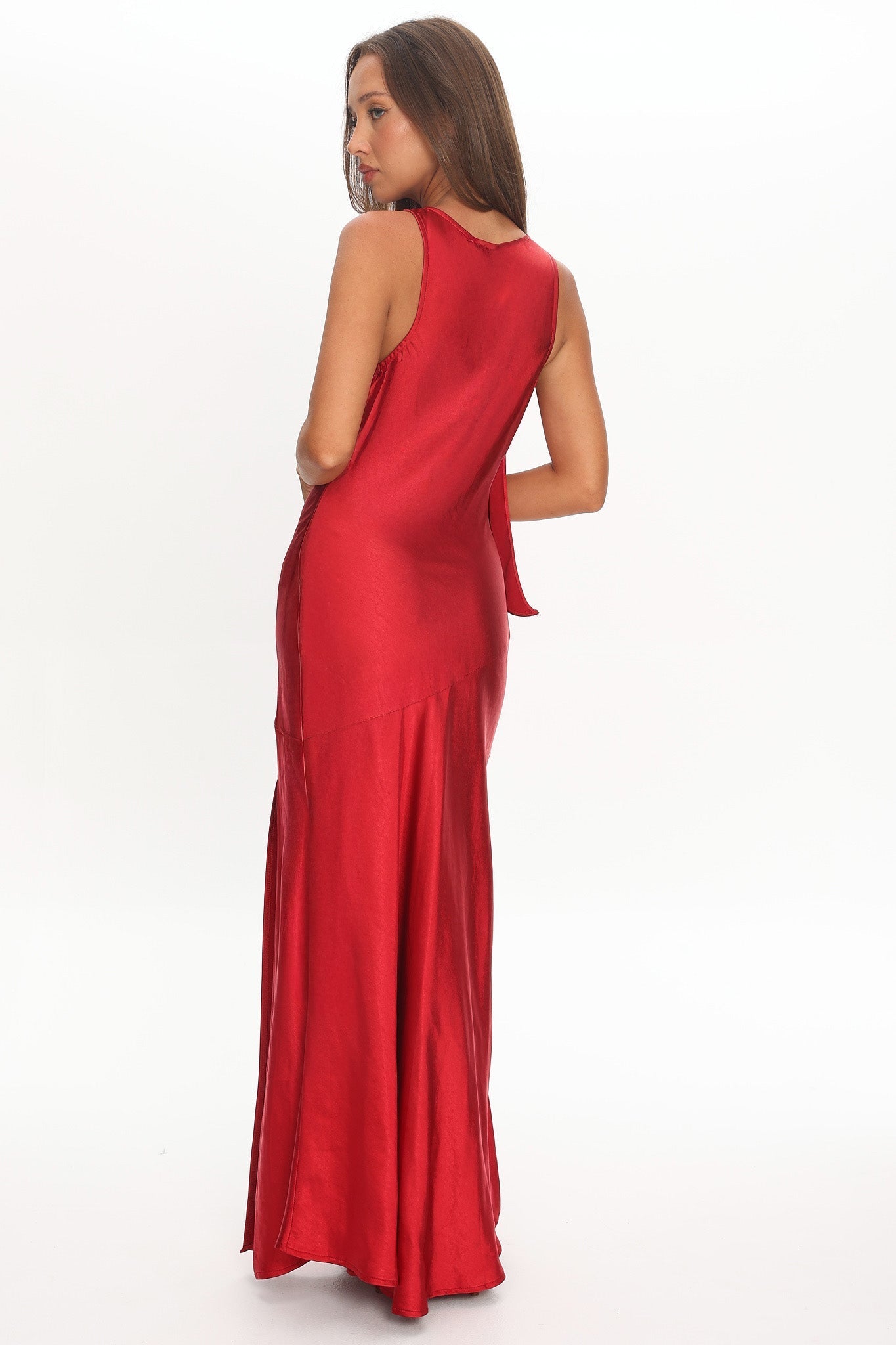 Averie Bow Shoulder Split Midi Dress Red