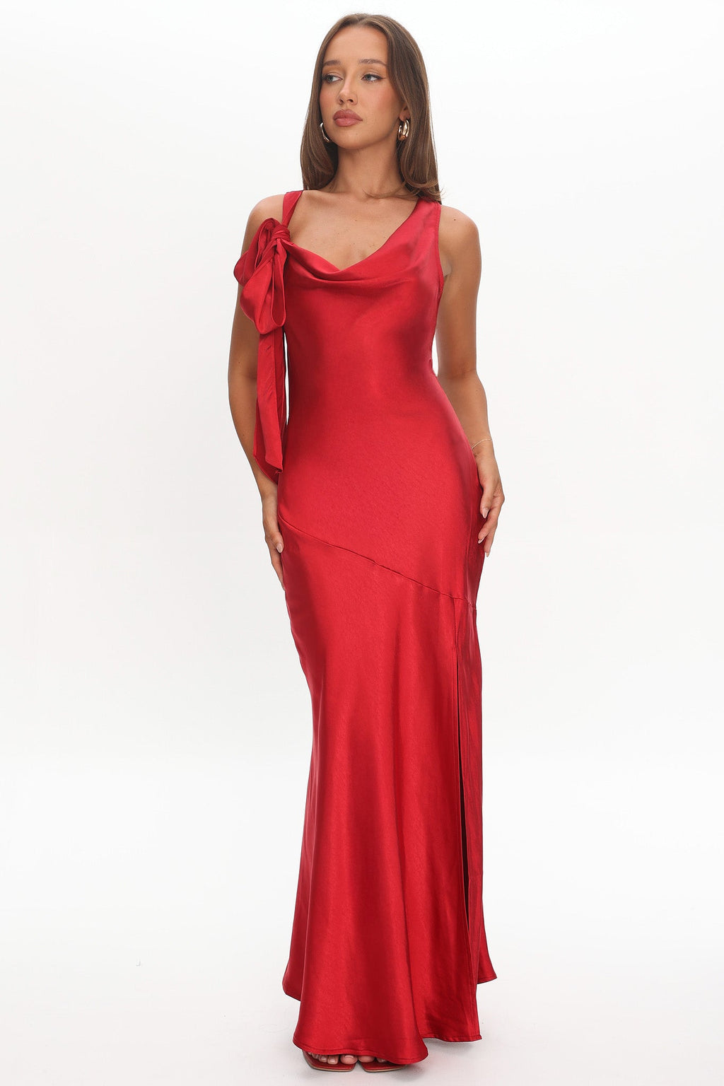 Averie Bow Shoulder Split Midi Dress Red