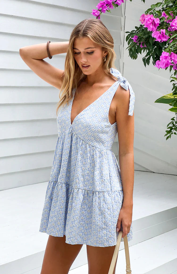 Angel Girl Blue Gingham Floral Mini Dress