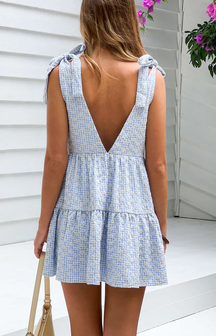 Angel Girl Blue Gingham Floral Mini Dress