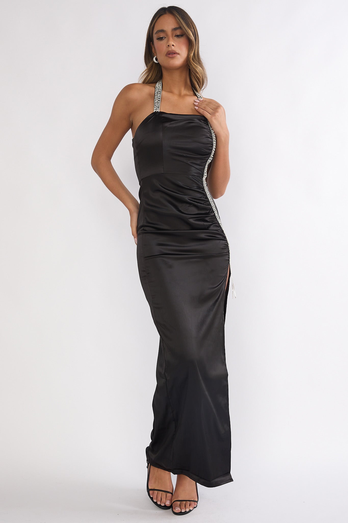 Glitterati Halter Diamante Maxi Dress Black