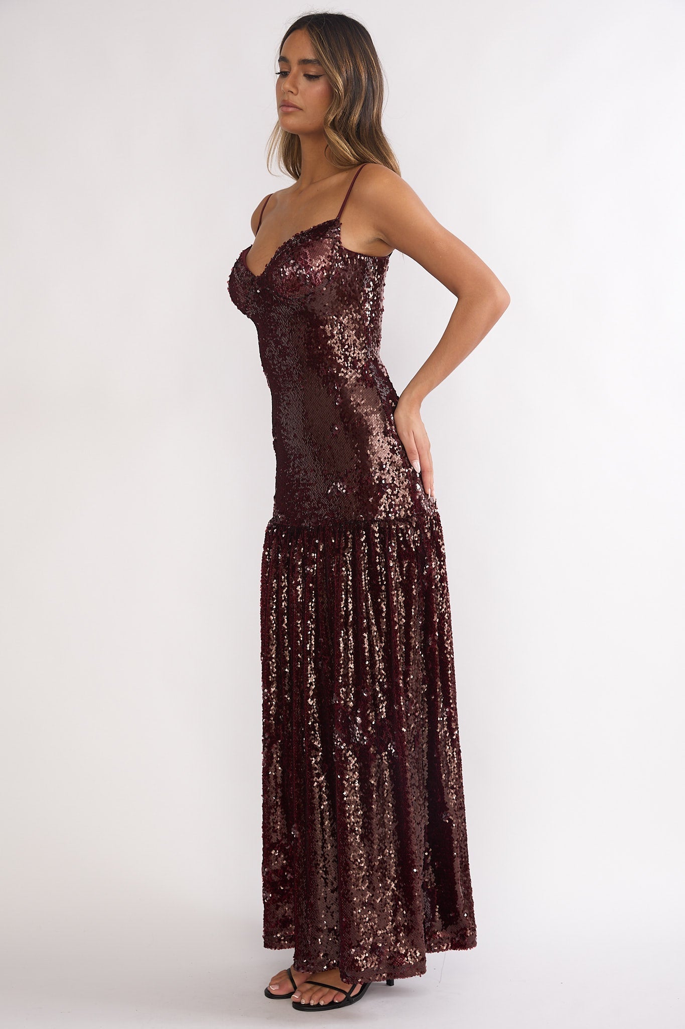 Miller Drop Waist Sequin Maxi Dress Burgundy