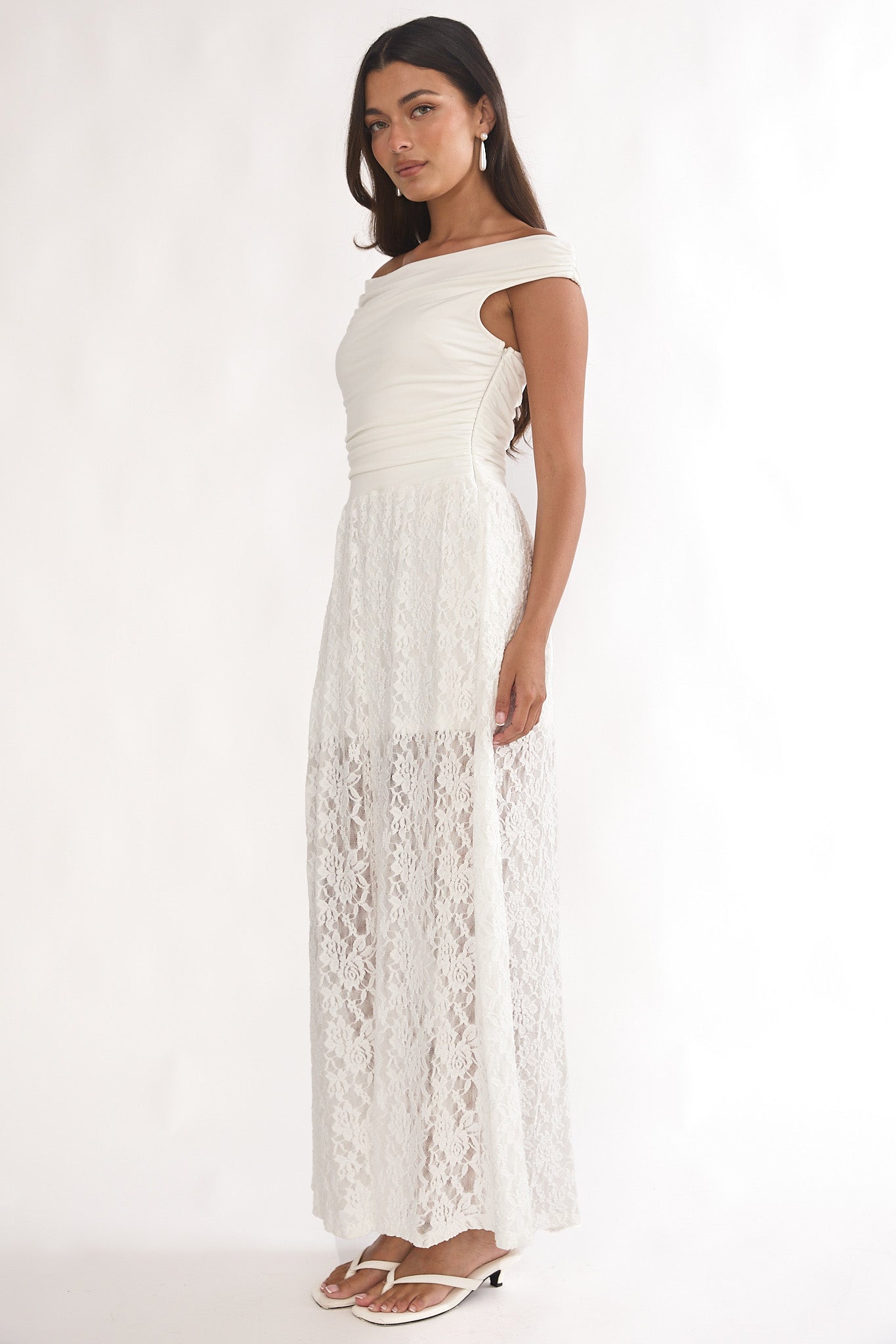 In Blooms Off-Shoulder Lace Maxi Dress White
