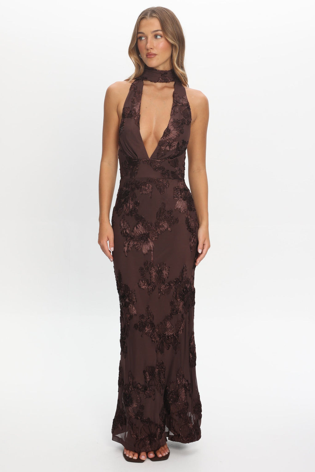 Cipriana Backless Halter Maxi Dress Embellished Brown