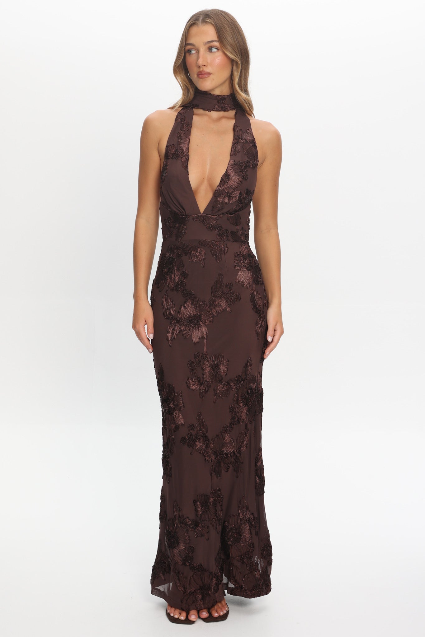 Cipriana Backless Halter Maxi Dress Embellished Brown
