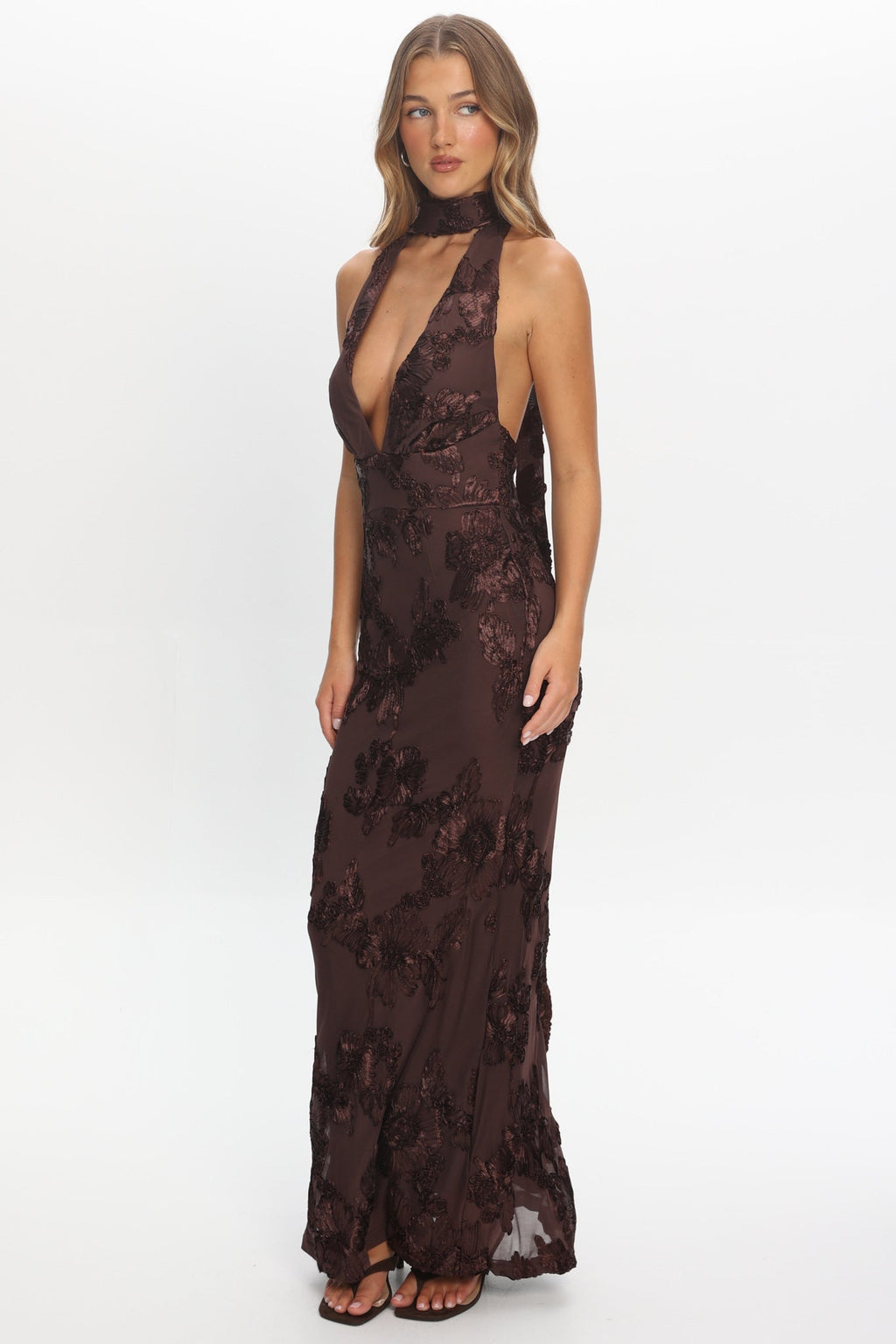 Cipriana Backless Halter Maxi Dress Embellished Brown