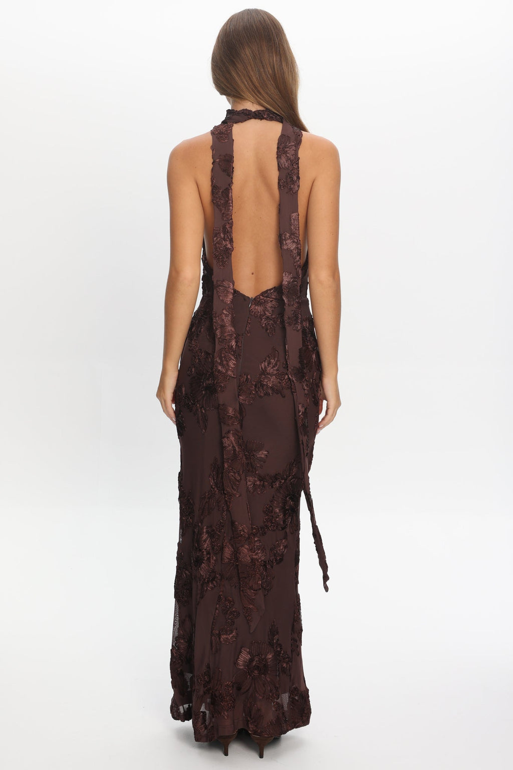 Cipriana Backless Halter Maxi Dress Embellished Brown